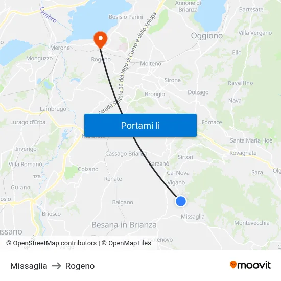 Missaglia to Rogeno map