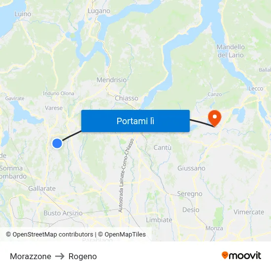 Morazzone to Rogeno map