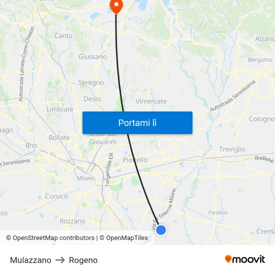 Mulazzano to Rogeno map