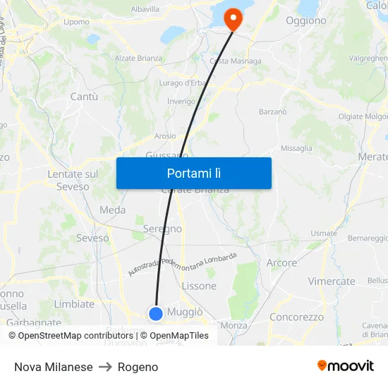 Nova Milanese to Rogeno map