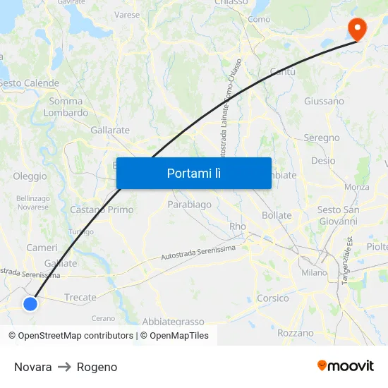 Novara to Rogeno map