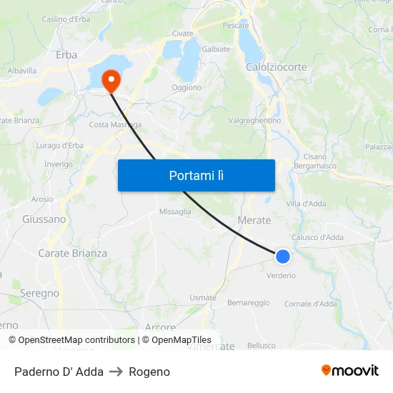 Paderno D' Adda to Rogeno map