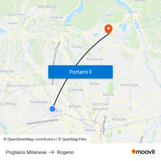 Pogliano Milanese to Rogeno map