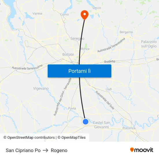 San Cipriano Po to Rogeno map