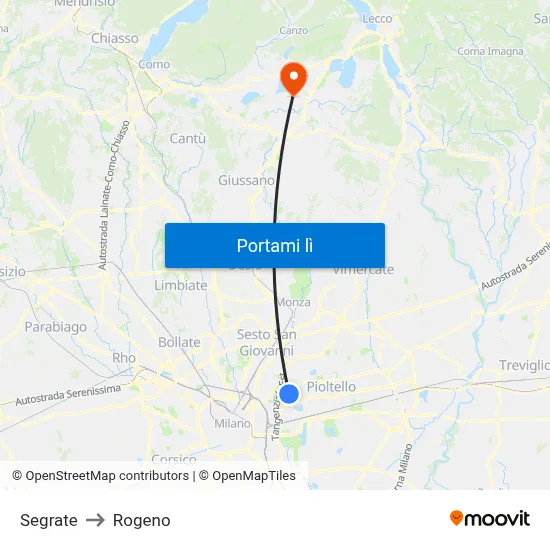 Segrate to Rogeno map