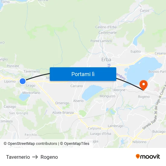 Tavernerio to Rogeno map