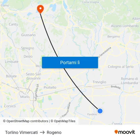 Torlino Vimercati to Rogeno map