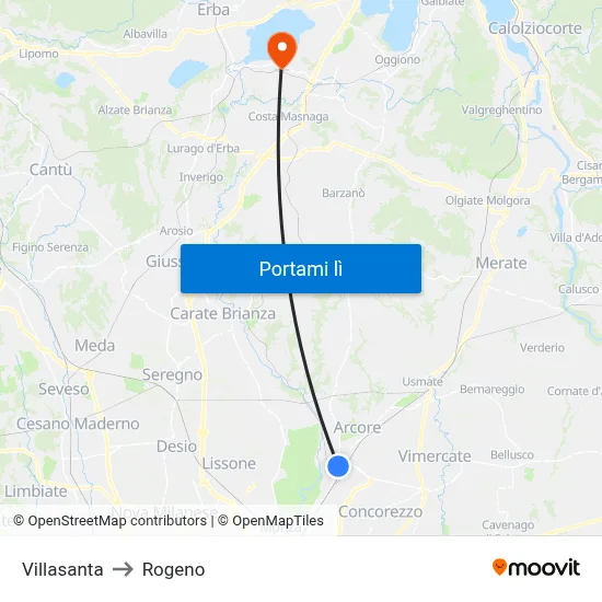 Villasanta to Rogeno map
