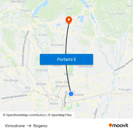 Vimodrone to Rogeno map