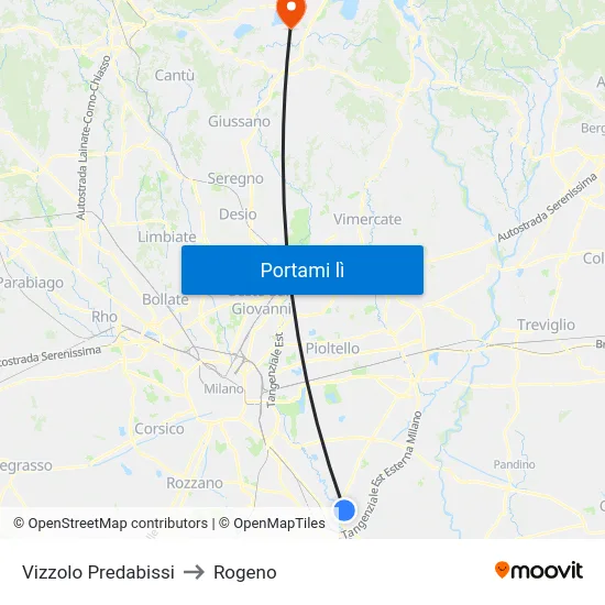 Vizzolo Predabissi to Rogeno map
