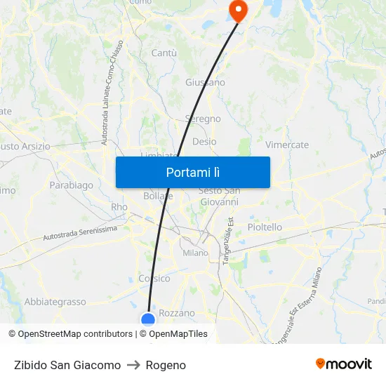 Zibido San Giacomo to Rogeno map