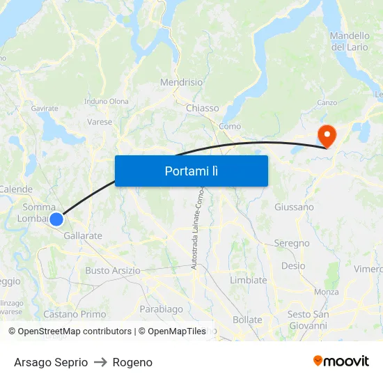 Arsago Seprio to Rogeno map