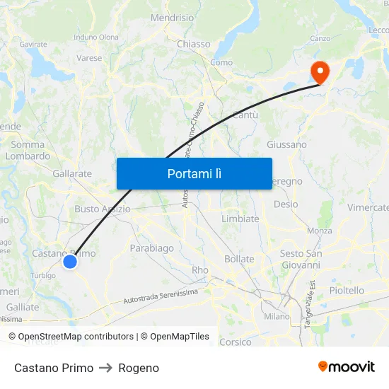 Castano Primo to Rogeno map