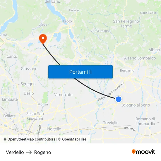 Verdello to Rogeno map