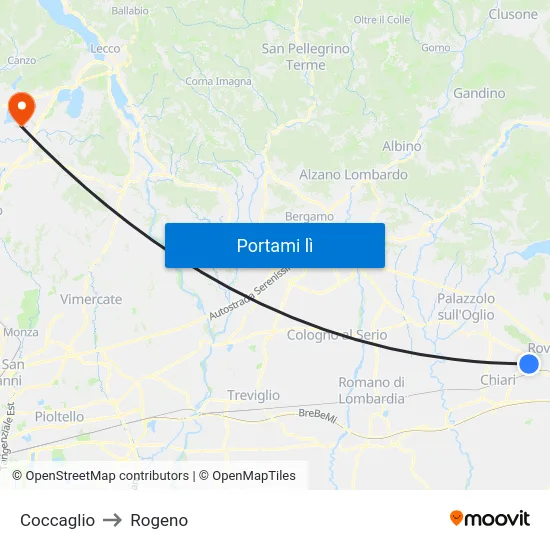 Coccaglio to Rogeno map