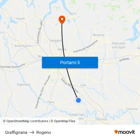 Graffignana to Rogeno map