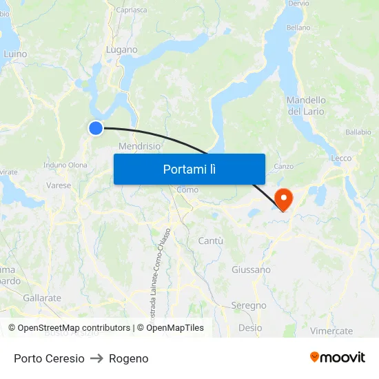 Porto Ceresio to Rogeno map