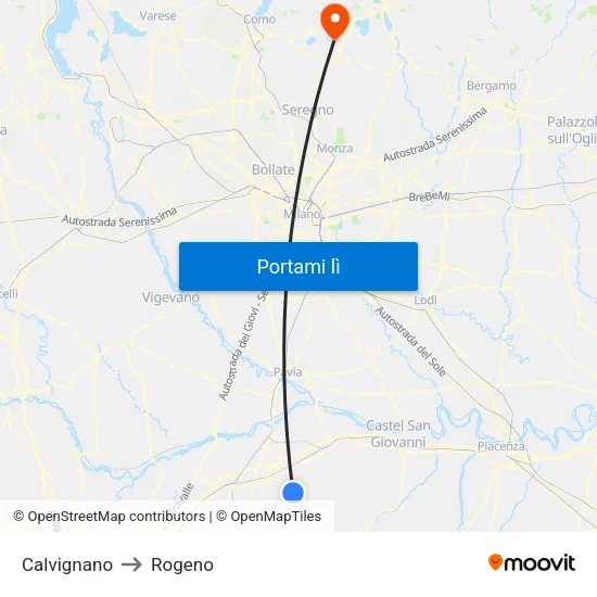 Calvignano to Rogeno map