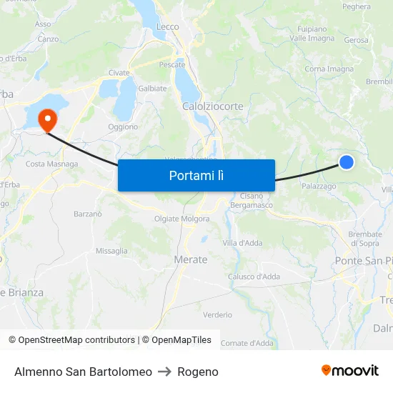 Almenno San Bartolomeo to Rogeno map