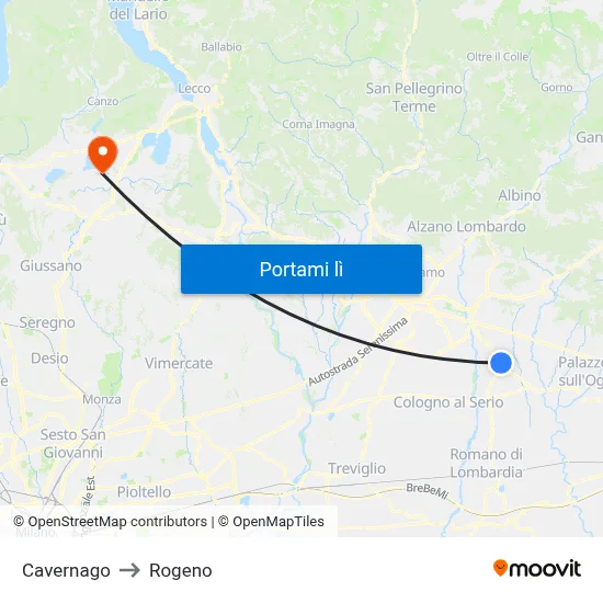 Cavernago to Rogeno map