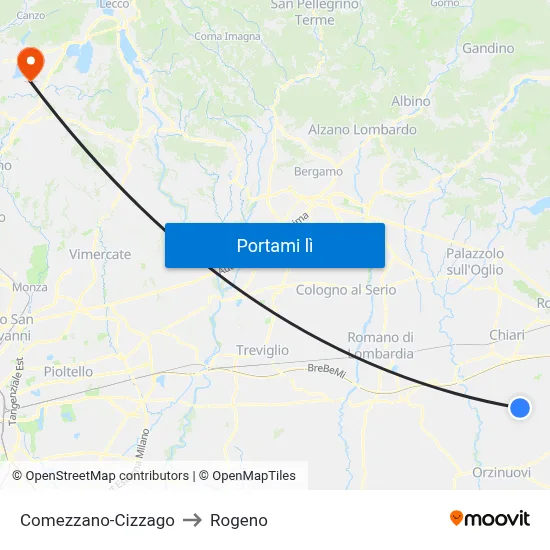 Comezzano-Cizzago to Rogeno map