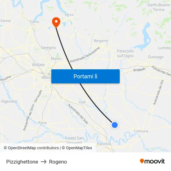Pizzighettone to Rogeno map