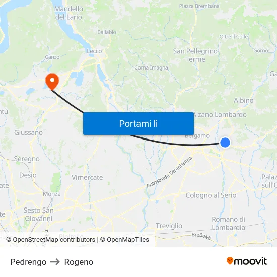 Pedrengo to Rogeno map