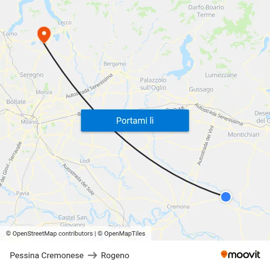 Pessina Cremonese to Rogeno map