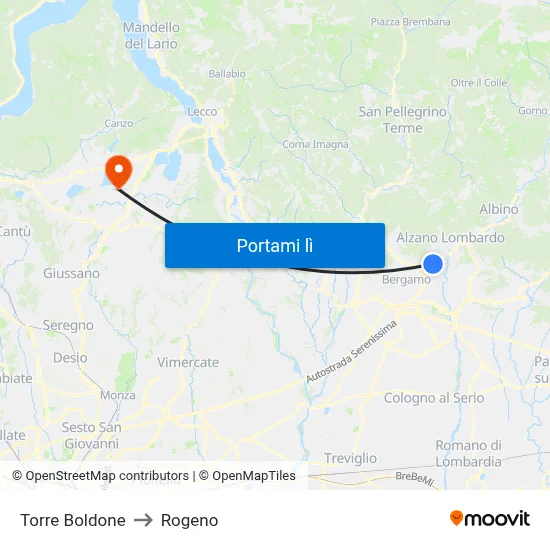 Torre Boldone to Rogeno map