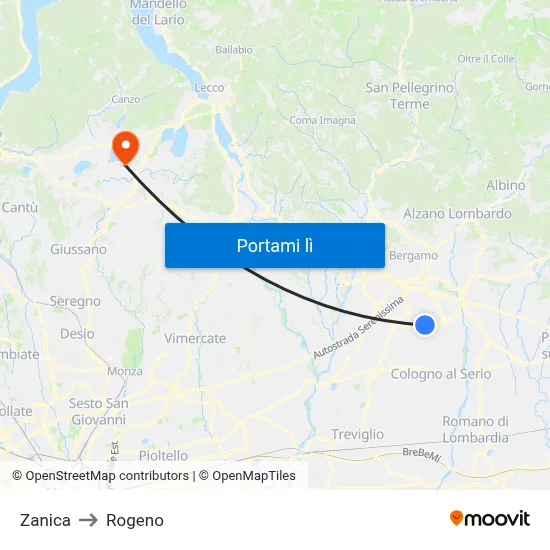 Zanica to Rogeno map