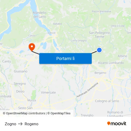 Zogno to Rogeno map