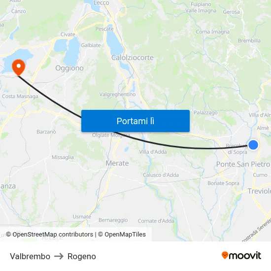 Valbrembo to Rogeno map