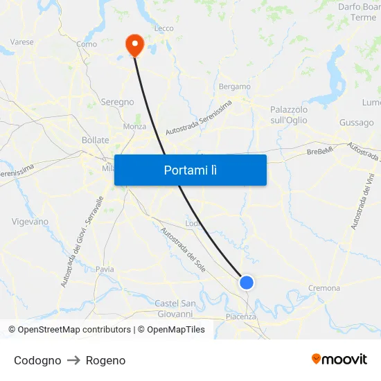 Codogno to Rogeno map