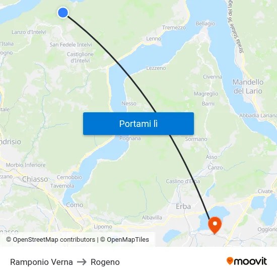 Ramponio Verna to Rogeno map