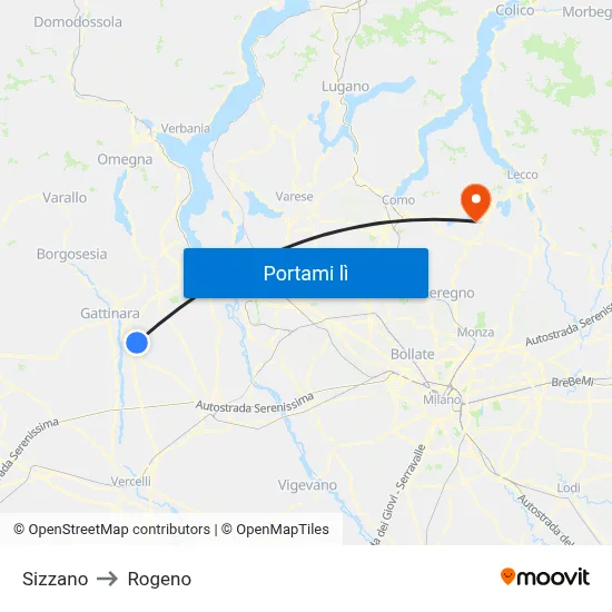 Sizzano to Rogeno map