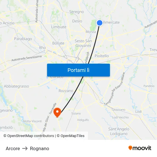 Arcore to Rognano map