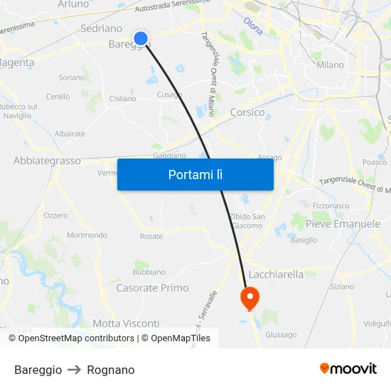 Bareggio to Rognano map