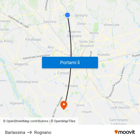 Barlassina to Rognano map