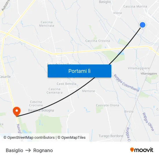 Basiglio to Rognano map