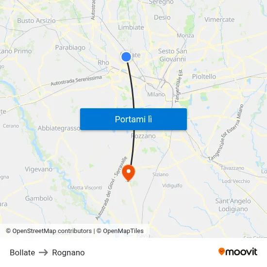 Bollate to Rognano map