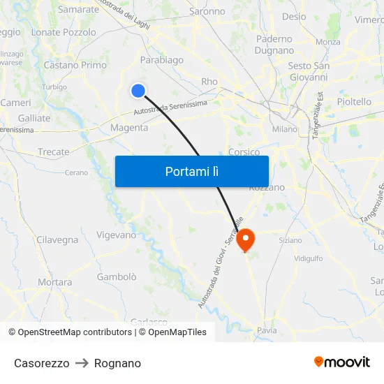 Casorezzo to Rognano map