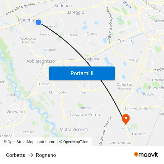Corbetta to Rognano map