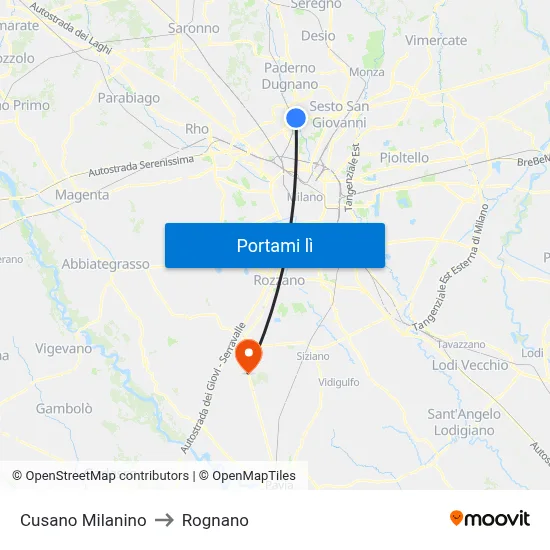 Cusano Milanino to Rognano map
