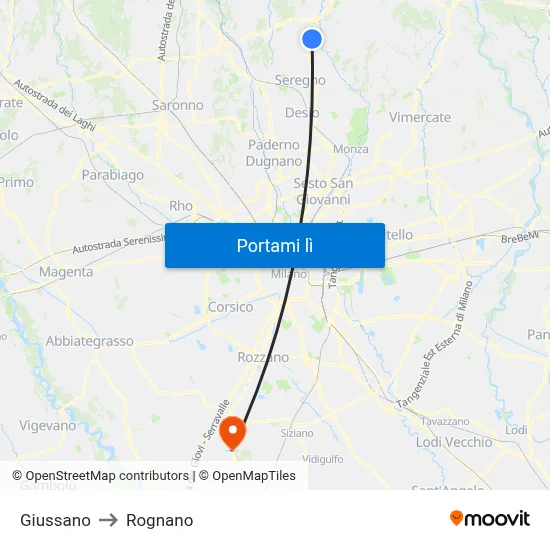 Giussano to Rognano map