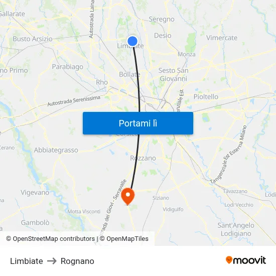 Limbiate to Rognano map