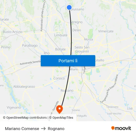 Mariano Comense to Rognano map