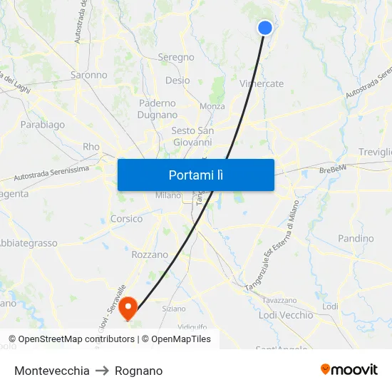 Montevecchia to Rognano map