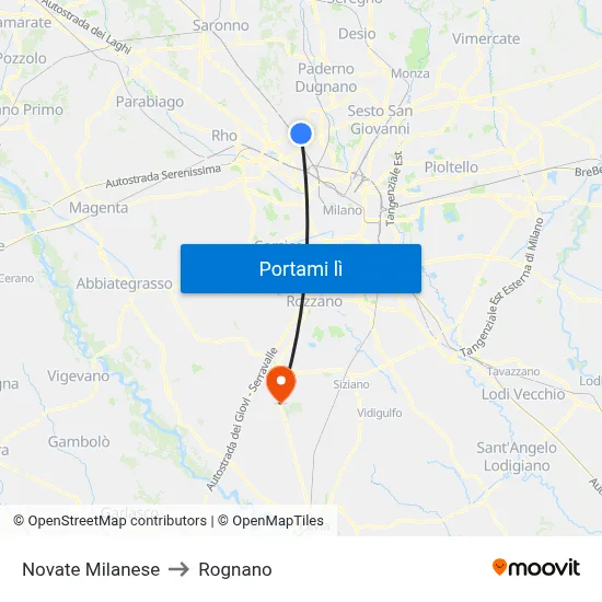 Novate Milanese to Rognano map