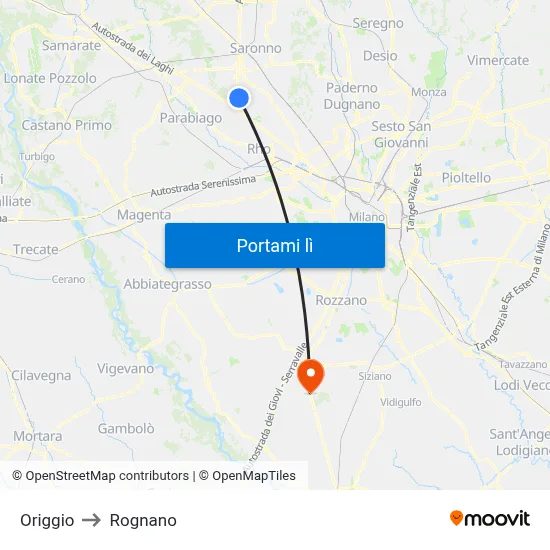 Origgio to Rognano map