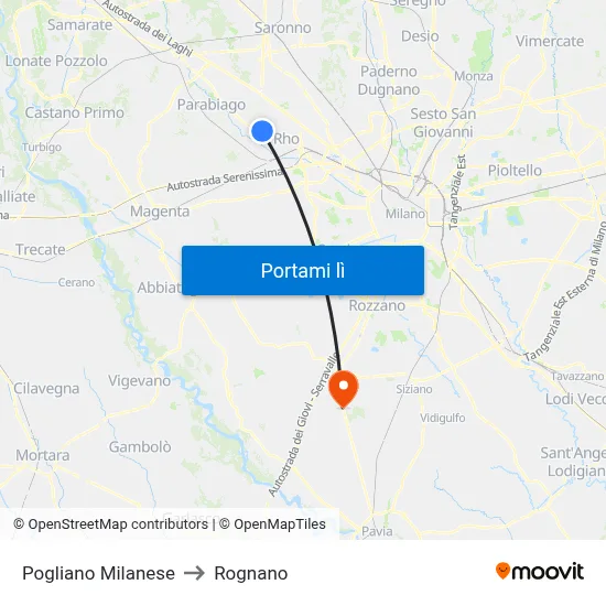 Pogliano Milanese to Rognano map